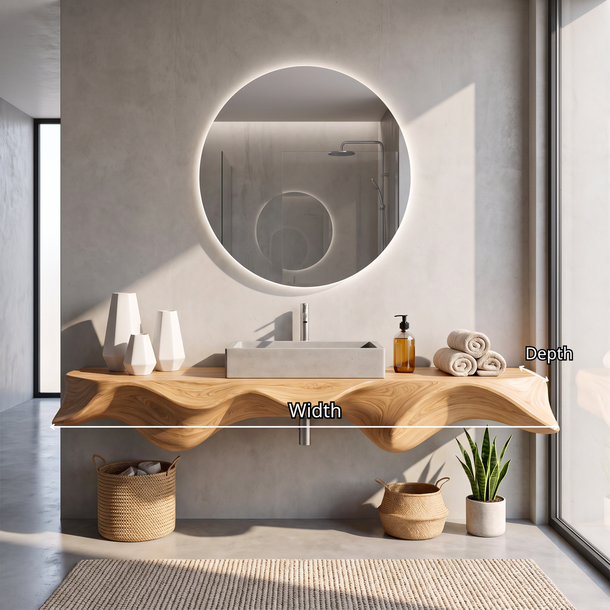 Bathroom Vanity Solid Wood with Sculptural Wave Edge Countertop