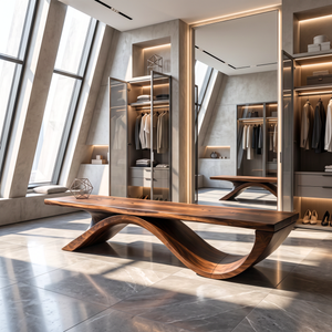 Bench Solid Wood with Sculptural Ribbon Wave Base