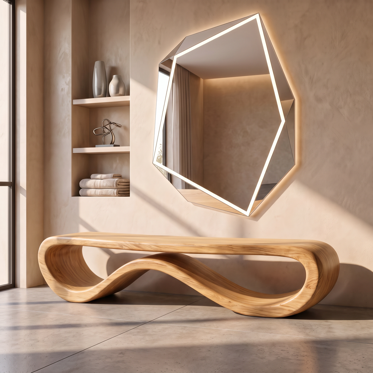 Bench Solid Wood with Sculptural Infinity Loop Base for Entryway Seating