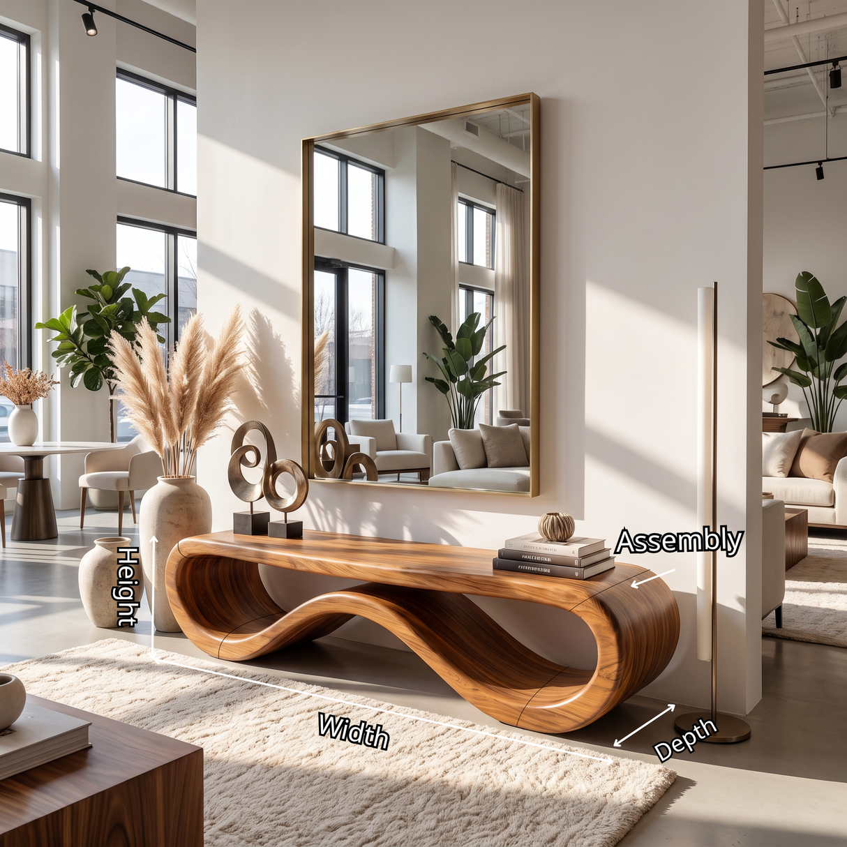 Bench Solid Wood with Sculptural Infinity Loop Base for Entryway Seating