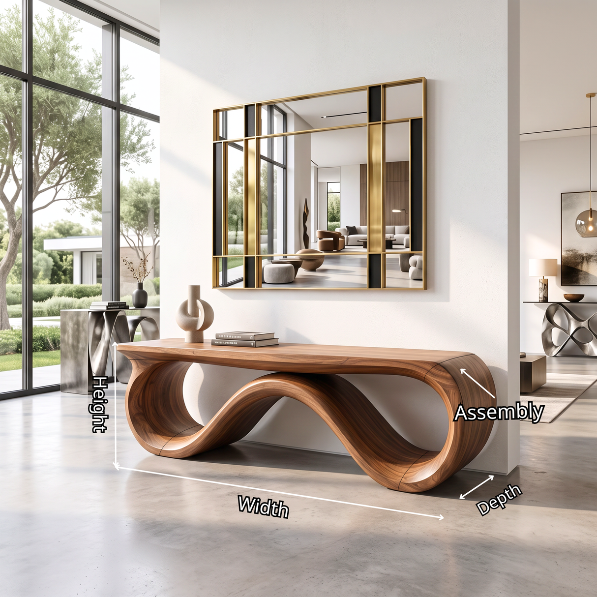Bench Solid Wood with Sculptural Infinity Loop Base for Entryway Seating