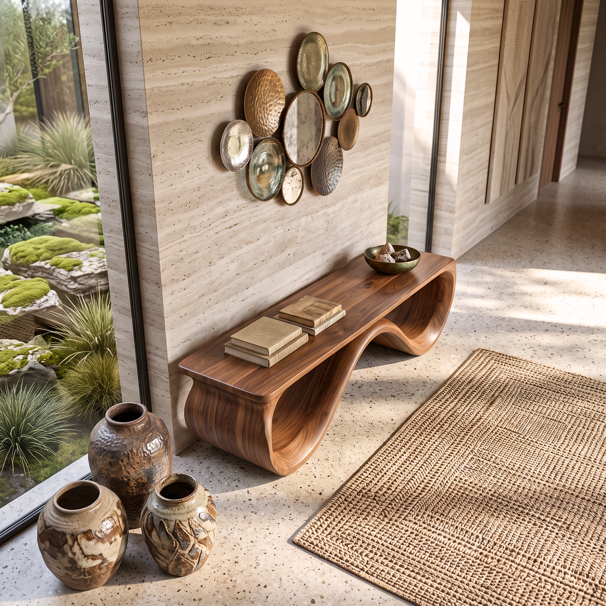 Bench Solid Wood with Sculptural Infinity Loop Base for Entryway Seating