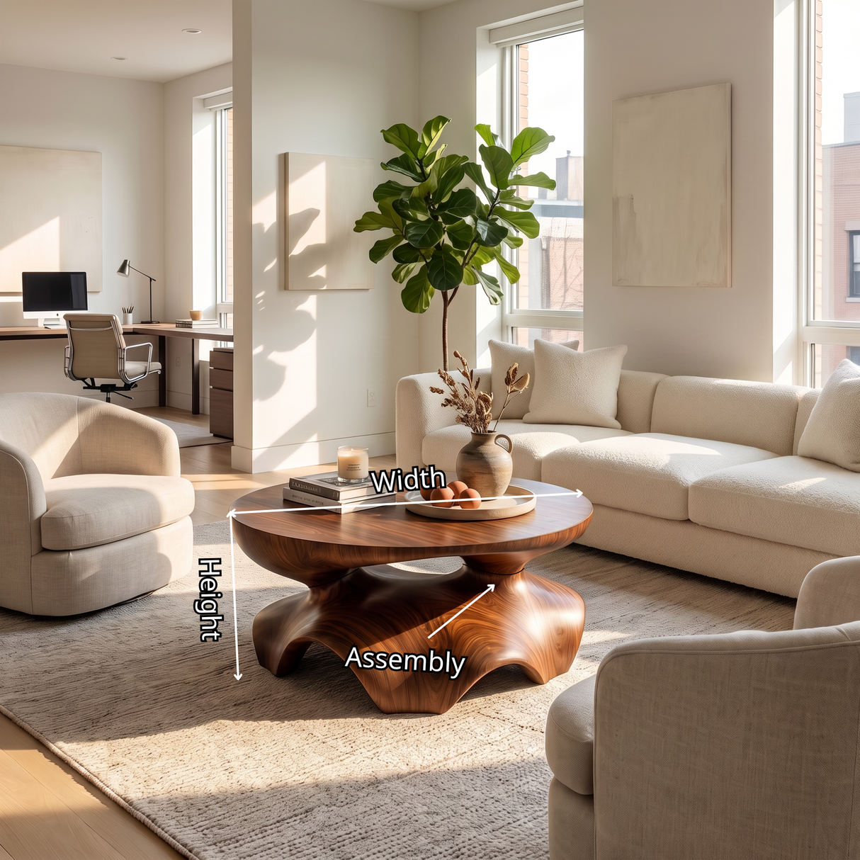 Coffee Table Solid Wood with Sculptural Star Base for Living Room Decor