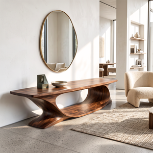 Bench Solid Wood with Sculptural Sweeping Arch Base for Entryway Seating