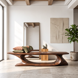 Bench Solid Wood with Sculptural Sweeping Arch Base for Entryway Seating