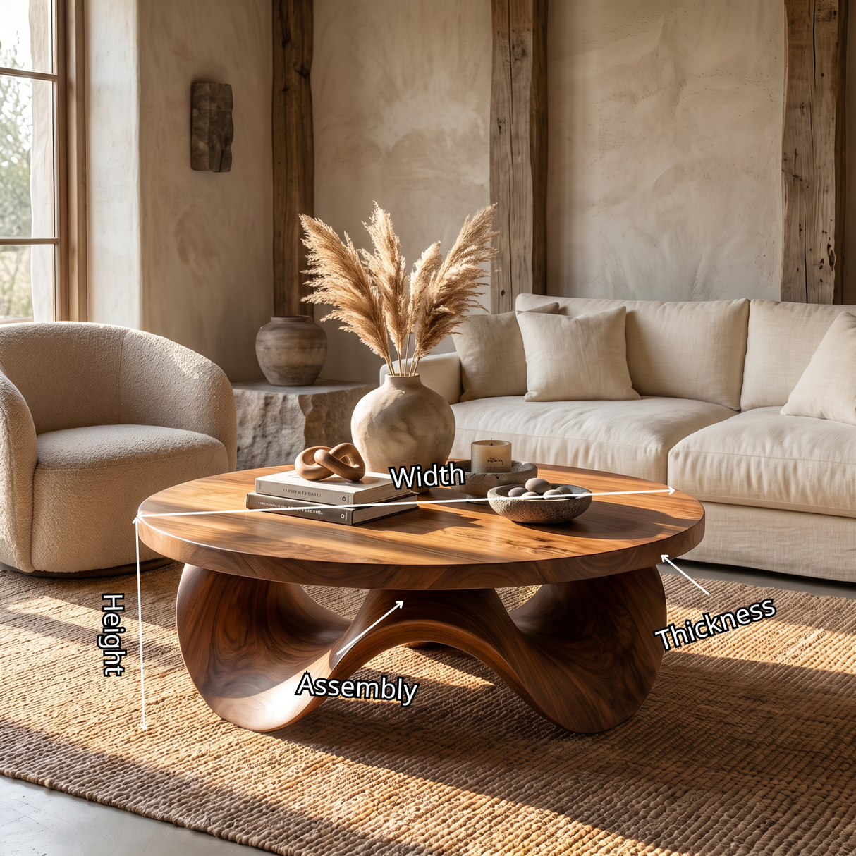Coffee Table Solid Wood with Sculptural Petal Wave Base