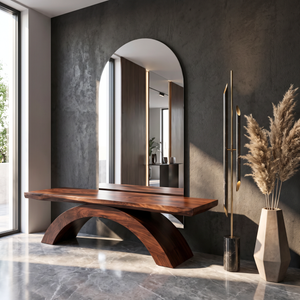 Bench Solid Wood with Sculptural Crossing Arch Base for Entryway Seating