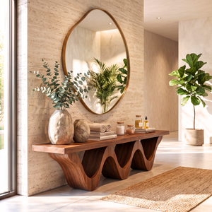 Bench Solid Wood with Sculptural Triple Wave Base