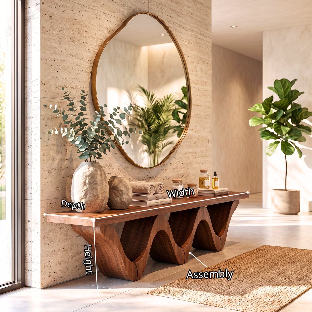 Bench Solid Wood with Sculptural Triple Wave Base