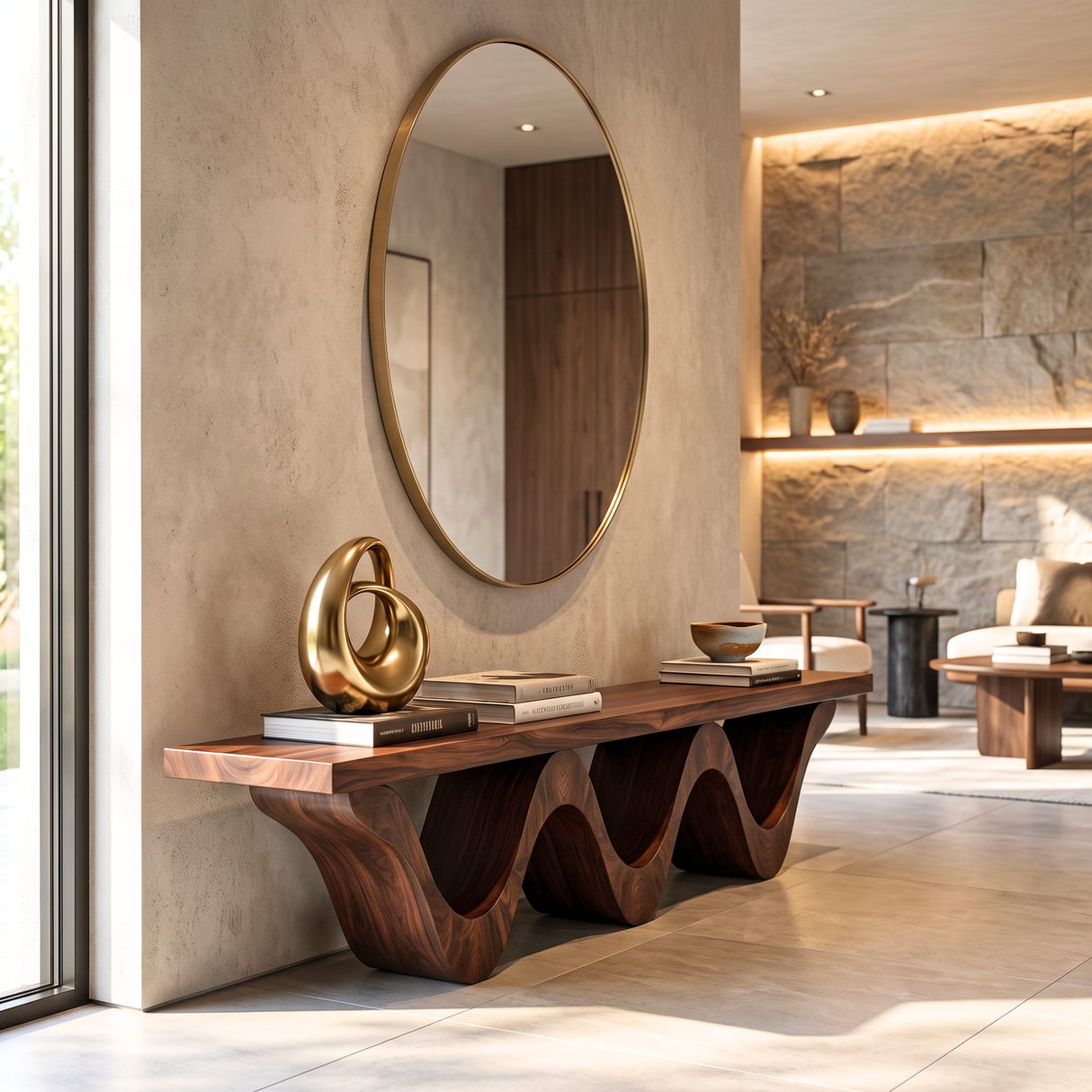 Bench Solid Wood with Sculptural Triple Wave Base