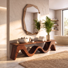 Bench Solid Wood with Sculptural Continuous Wave Base for Entryway Seating