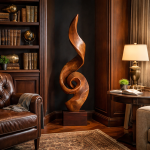 Tall Solid Wood Spiral Flame Sculpture with Plinth for Modern Interiors