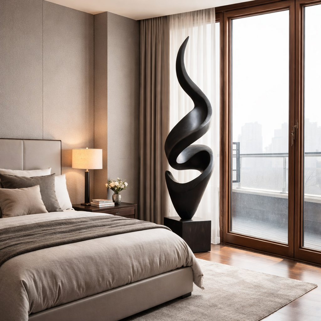 Tall Spiral Solid Wood Floor Sculpture with Plinth for Modern Living Rooms