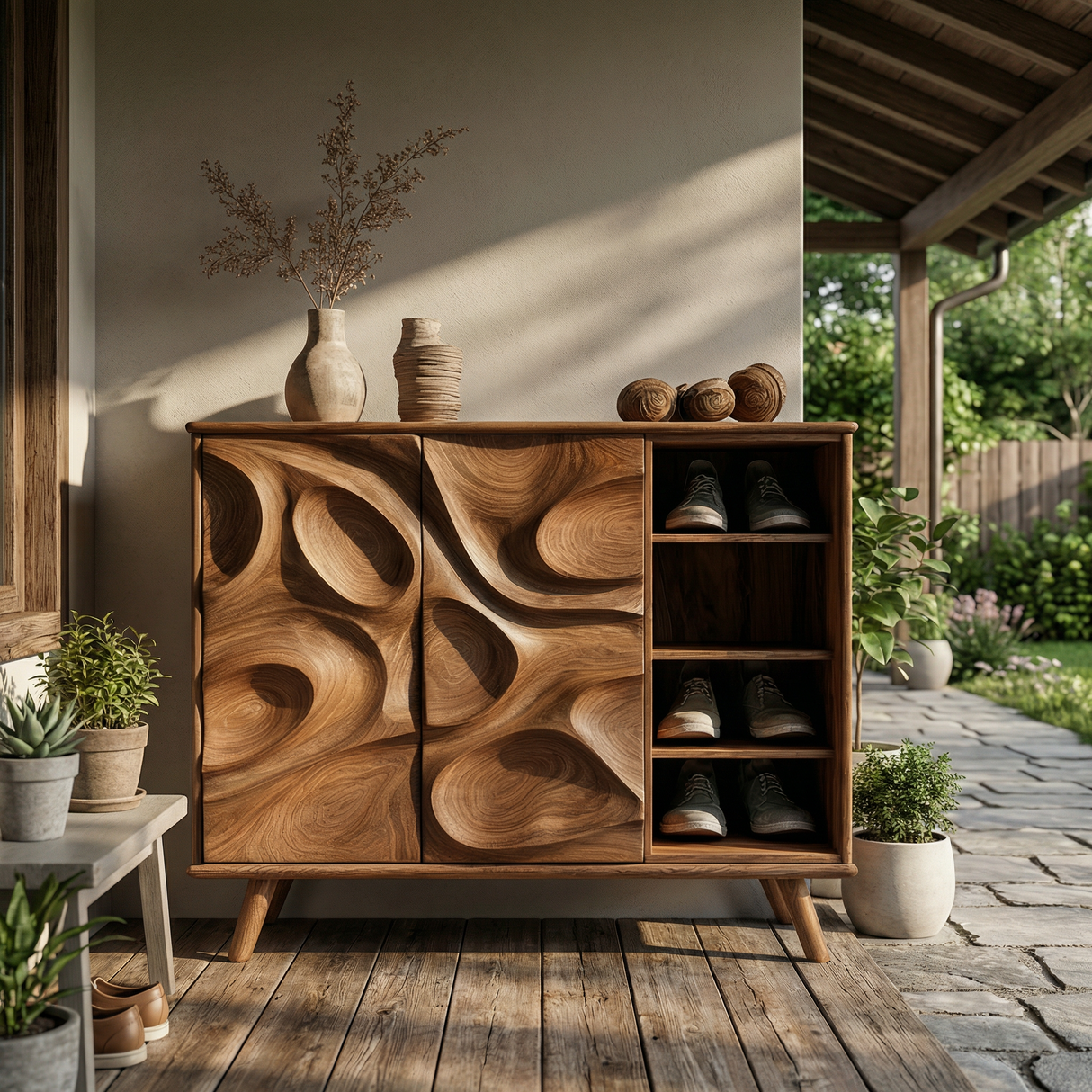 Handcrafted Solid Wood Shoe Cabinet with Sculptural Carved Doors for Entryways