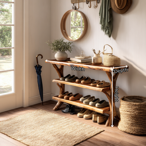 Handcrafted Solid Wood Shoe Rack Console with Open Shelving and Sculptural Branch Legs
