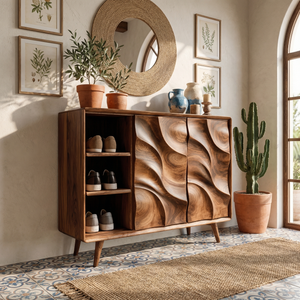 Handcrafted Solid Wood Shoe Cabinet with Sculptural Carved Doors and Open Side Shelves for Entryway