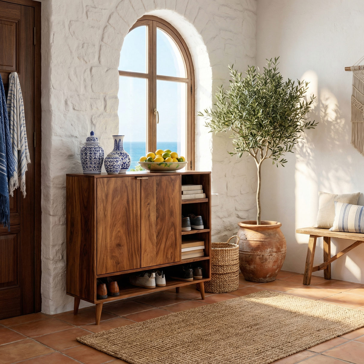 Handcrafted Solid Wood Shoe Cabinet with Double Doors and Open Side Shelf for Entryway and Hallway