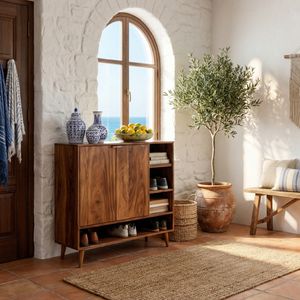 Handcrafted Solid Wood Shoe Cabinet with Double Doors and Open Side Shelf for Entryway and Hallway