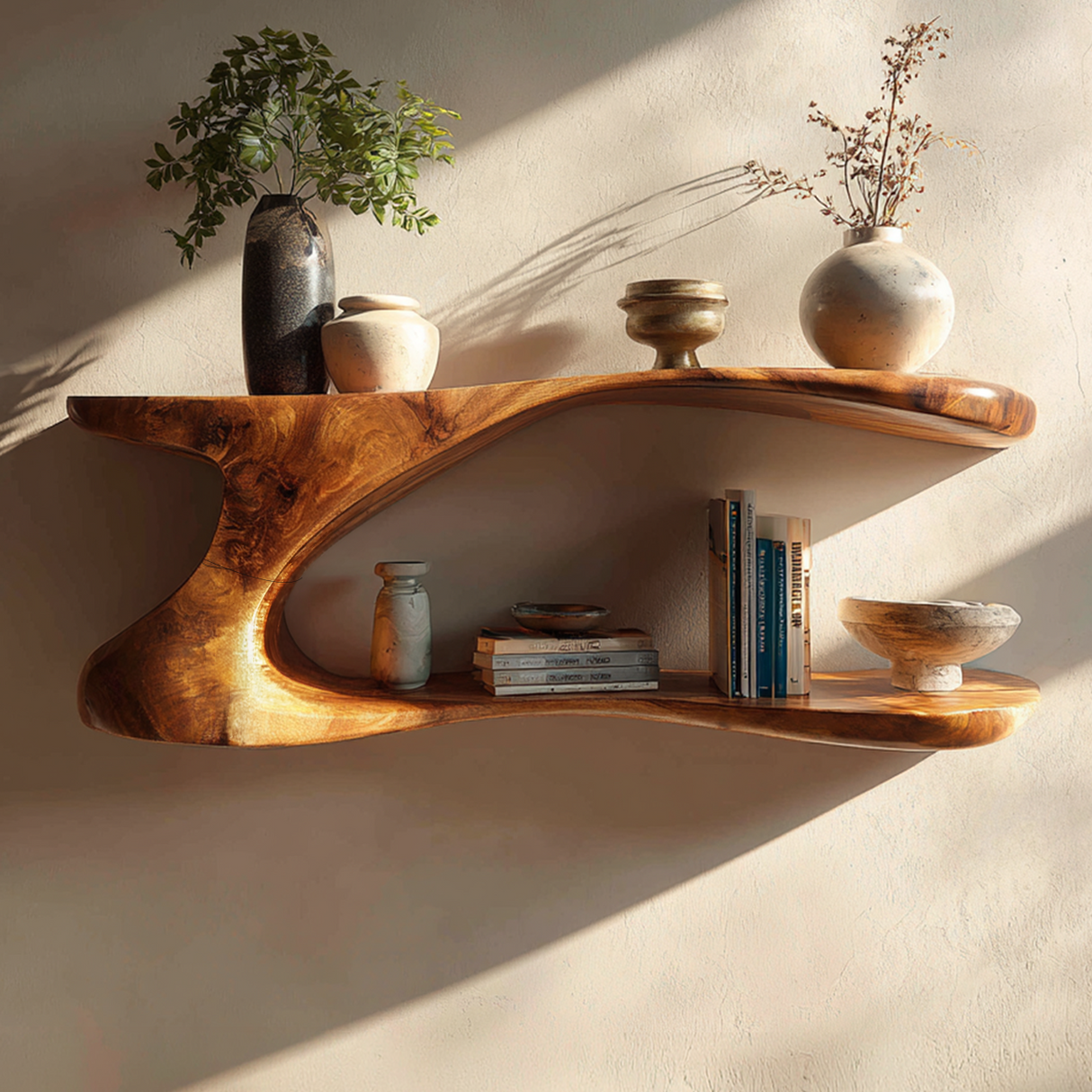 Sculptural Solid Wood Wall Shelf with Organic Flow