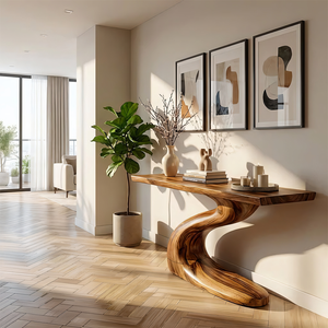 Floating Solid Wood Console Table with Curved Sculptural Base