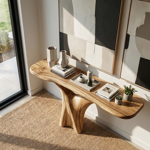 Organic Solid Wood Console Table with Sculpted Pedestal Base