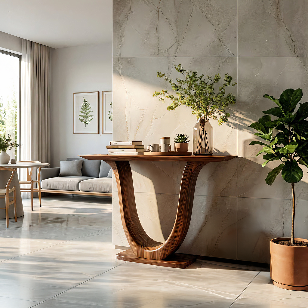 Curved U-Base Solid Wood Console Table for Modern Interiors