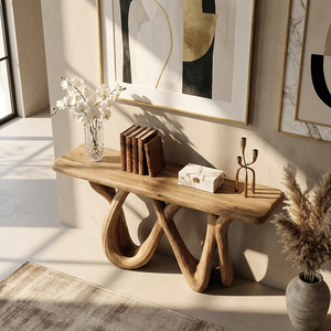 Wave Sculpted Solid Wood Console Table in Natural Oak Finish