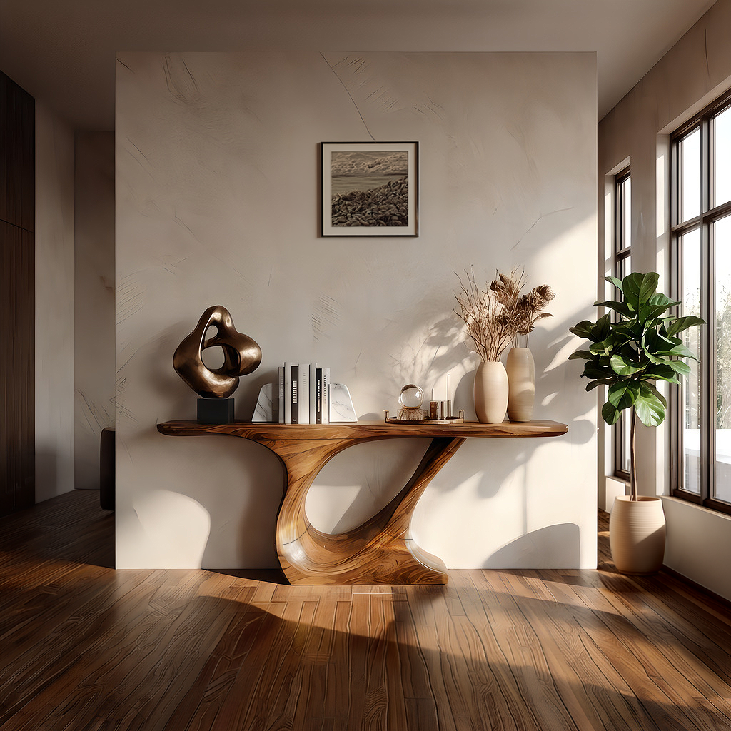 Organic Curve Solid Wood Console Table with Sculpted Pedestal Base