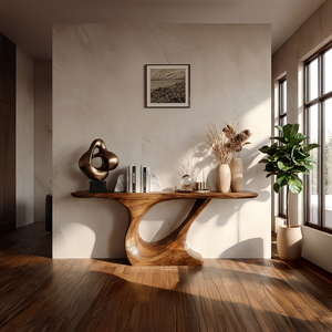 Organic Curve Solid Wood Console Table with Sculpted Pedestal Base