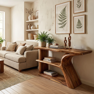Modern Solid Wood Console Table with Sculpted Side Panel and Shelf