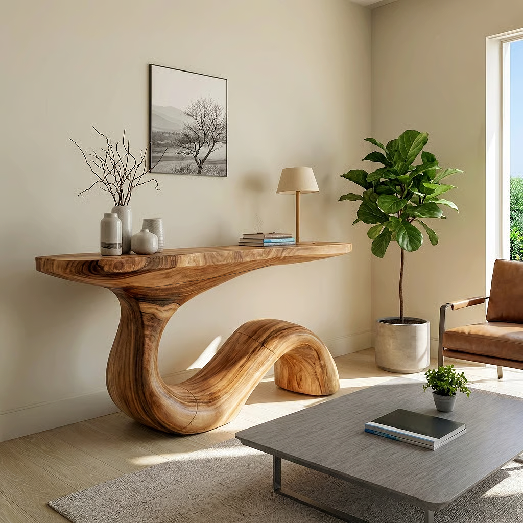 Organic Wave Solid Wood Console Table – Sculptural Statement Design ...