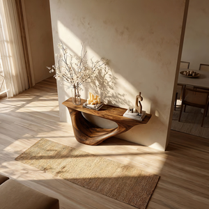 Organic Sculpted Solid Wood Console Table with Architectural Base