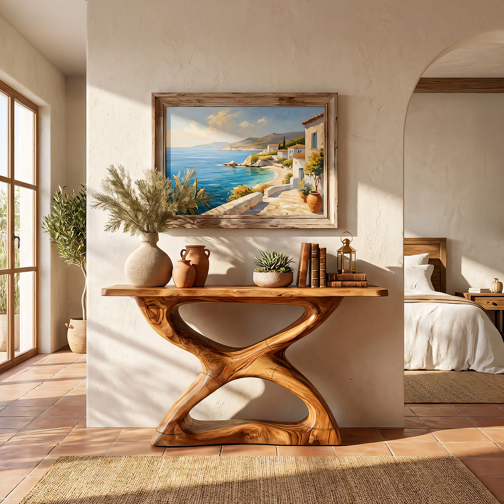 Handcrafted Natural Wood Console Table with Sculpted Base