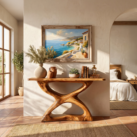 Handcrafted Natural Wood Console Table with Sculpted Base