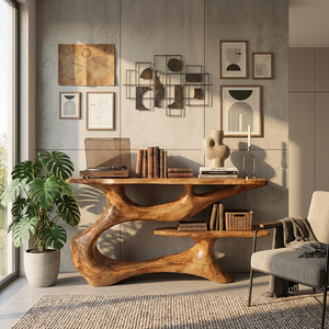 Organic Solid Wood Console Table with Floating Shelf