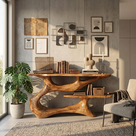 Organic Solid Wood Console Table with Floating Shelf