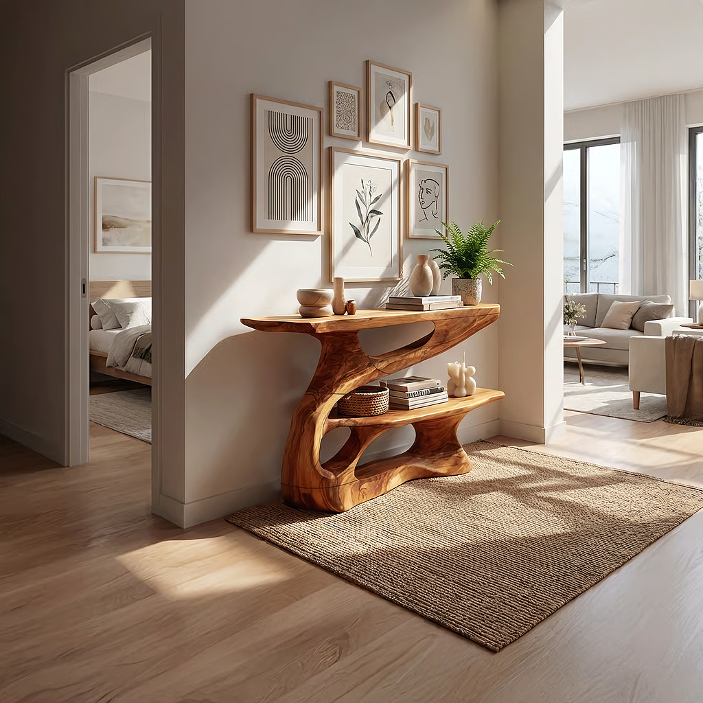 Modern Sculpted Wood Console Table with Open Shelf