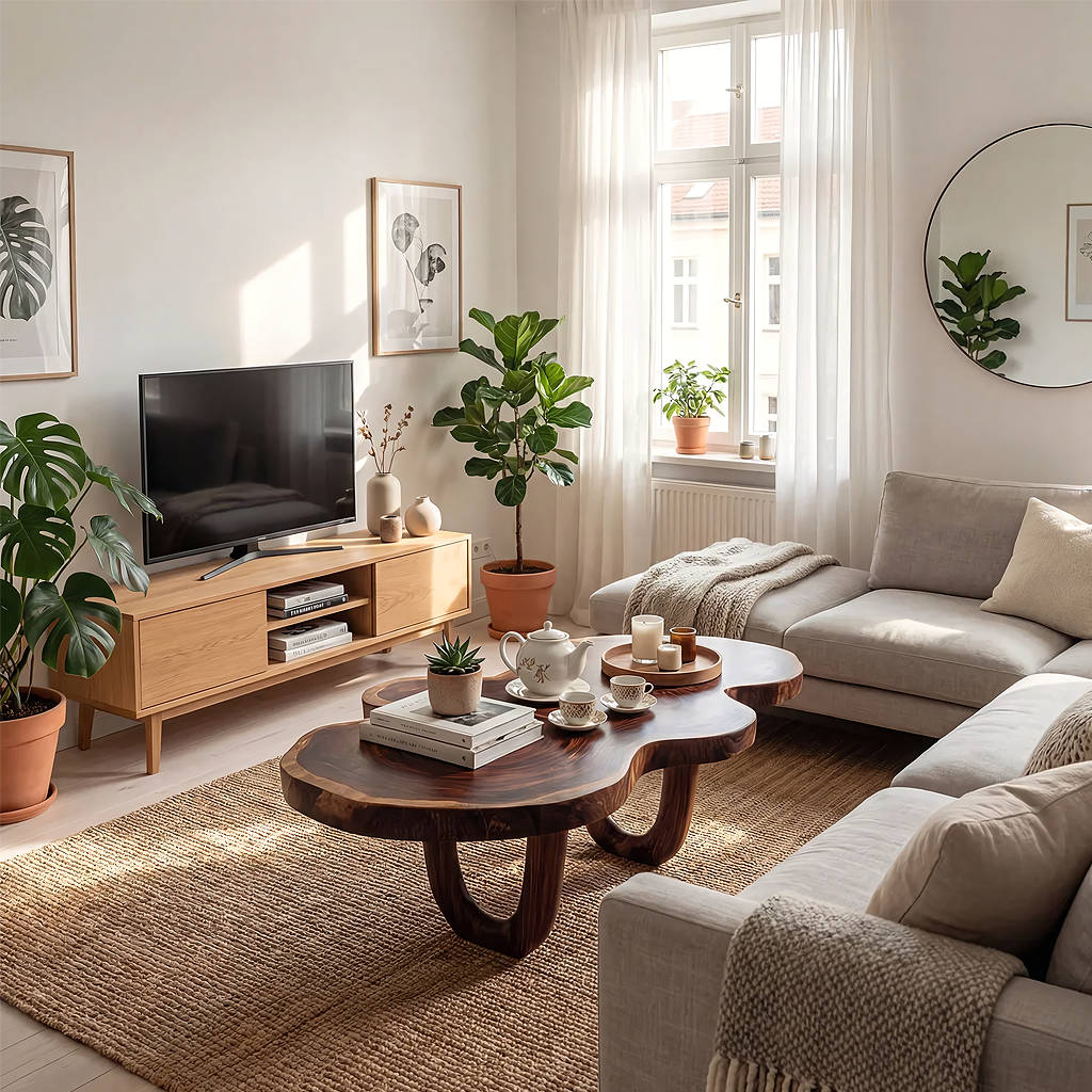 Sculptural Solid Wood Coffee Table with Curved Base