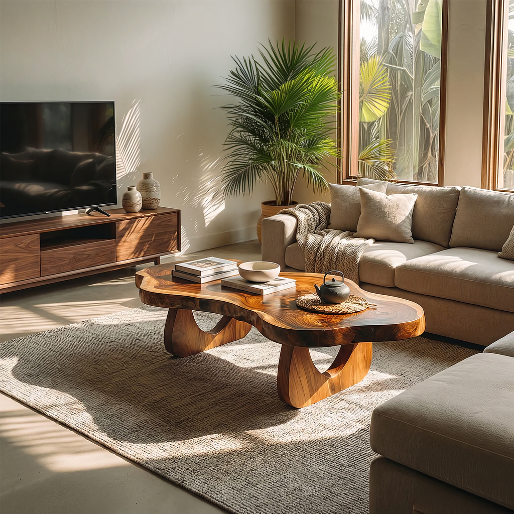 Luxury Live Edge Wood Coffee Table Sculptural Base
