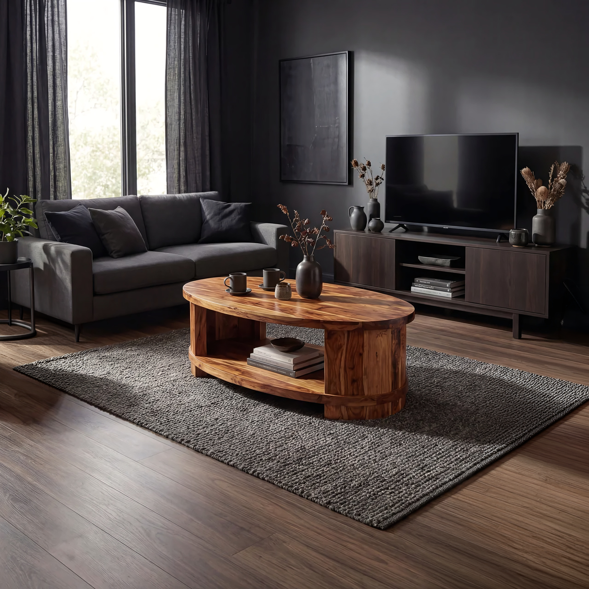 Oval Solid Wood Coffee Table with Shelf