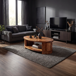 Oval Solid Wood Coffee Table with Shelf