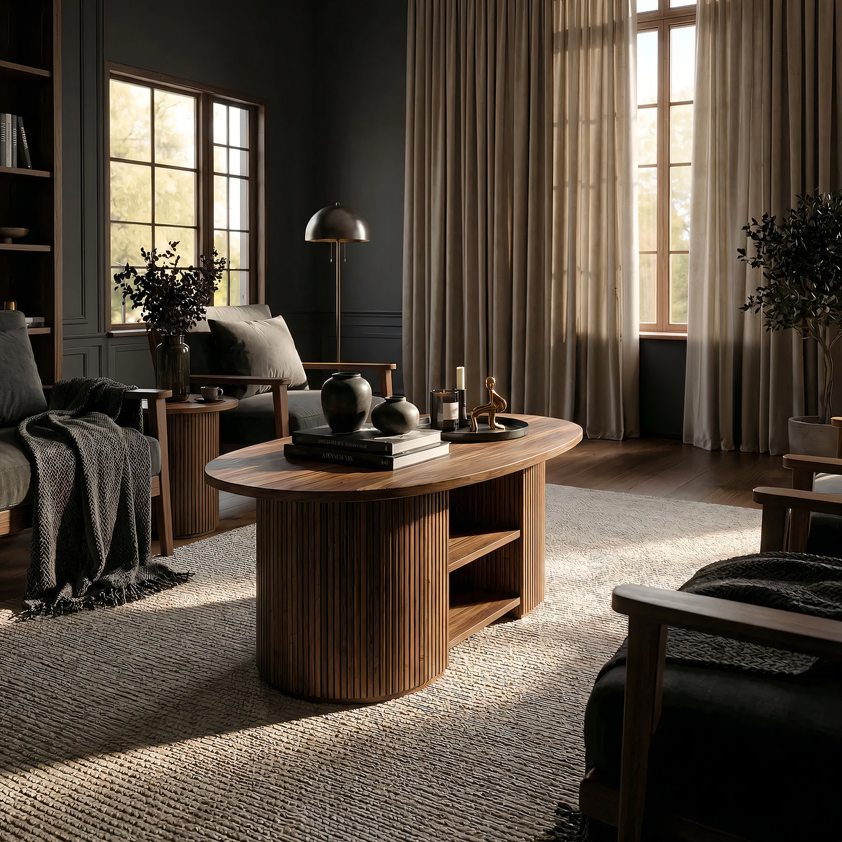 Fluted Oval Solid Wood Coffee Table with Shelf