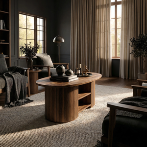 Fluted Oval Solid Wood Coffee Table with Shelf