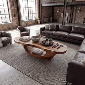 Live Edge Oval Wood Coffee Table with Sculpted Base