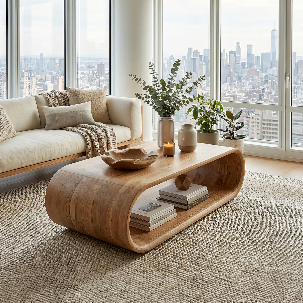 Curved Solid Wood Coffee Table with Open Shelf