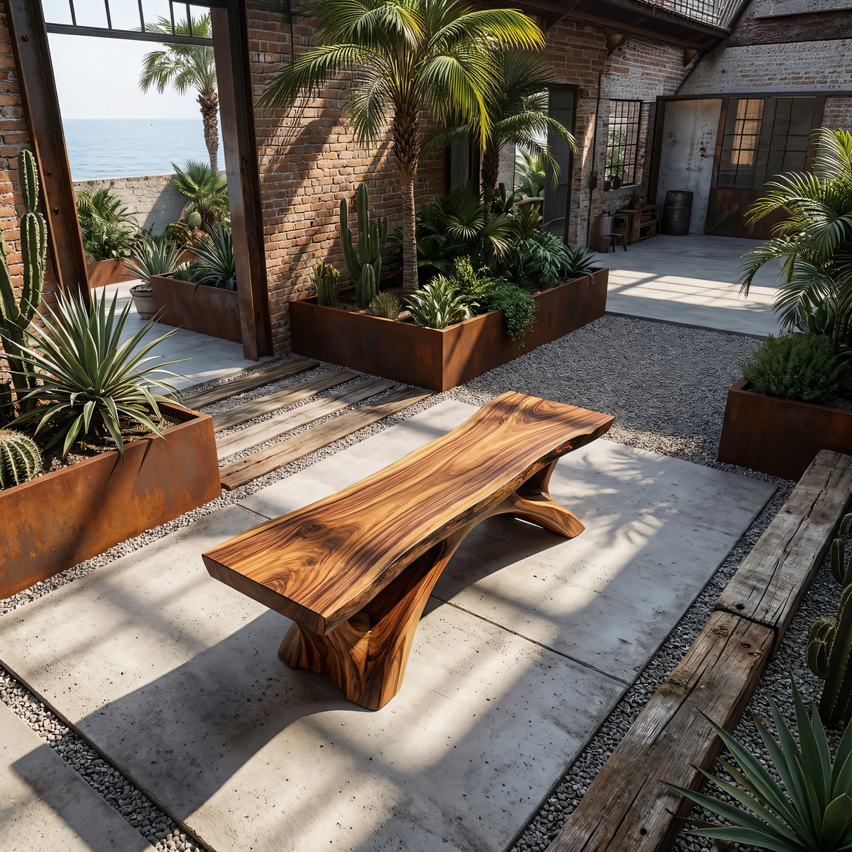 Live Edge Solid Wood Bench with Sculpted Base for Luxury Outdoor Spaces
