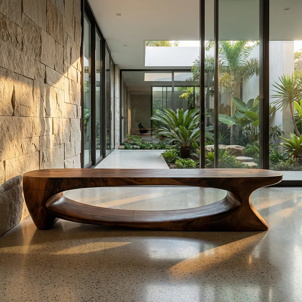 Sculptural Solid Wood Bench with Flowing Base for Modern Interiors