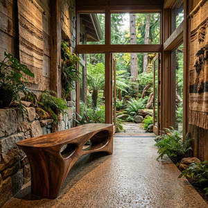 Abstract Sculptural Solid Wood Bench with Organic Cut-Out Design
