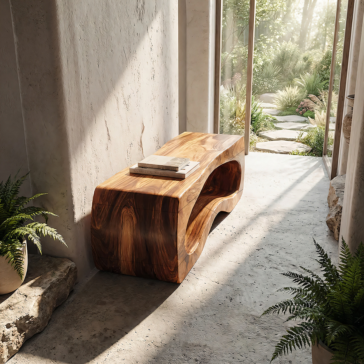 Organic Sculptural Solid Wood Bench with Curved Hollow Base