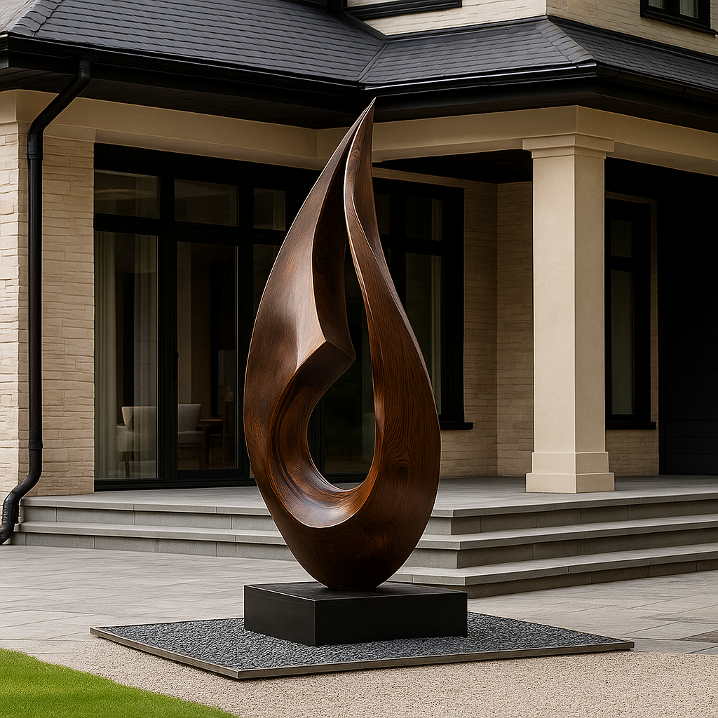 Large Outdoor Solid Wood Flame Sculpture with Plinth for Gardens, Courtyards, and Modern Landscapes